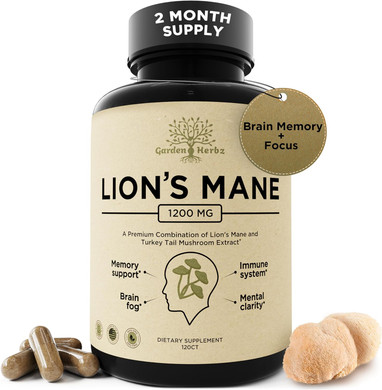 Lions Mane Supplement Capsules With Turkey Tail  Nootropic Brain Fog, Focus, Memory, Nerve Function, & Immune Support Supplement  Non-Gmo 1200 Mg Lions Mane Mushroom Supplement, 120 Caps