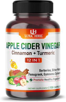 Organic Apple Cider Vinegar Capsules Enhanced With Cinnamon, Turmeric - Ultra Supplement For Digestive, Circulatory, Immunity Support | 150 Capsules