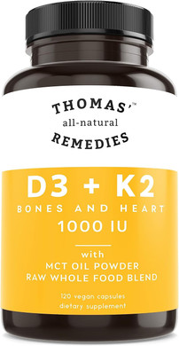 Thomas' All-Natural Remedies D3 + K2 With Mct Oil For Better Absorption & Raw Whole Food Blend, 1000 Iu D3, Vegan, Made In Usa, Support For Your Heart, Bones & Teeth, Non-Gmo (120Ct)