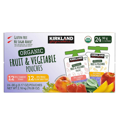 "Kirkland Signature Organic Fruit & Vegetable Pouch Variety Pack – a delicious, nutritious blend of organic fruits and veggies in convenient, on-the-go pouches."