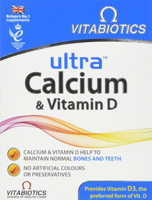 Packaging of Vitabiotics Ultra Calcium & Vitamin D tablets, typically a white and blue box containing 30 tablets.