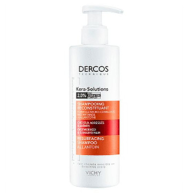 A 250ml bottle of Vichy Dercos Kera-Solutions Resurfacing Shampoo, designed for damaged hair and sensitive scalps.