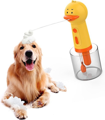 A compact, orange-colored electric dog cleaning foam machine sprayer with a 350ml transparent reservoir, designed for deep cleaning pet fur; features an ergonomic handle and a sleek, waterproof design. ​