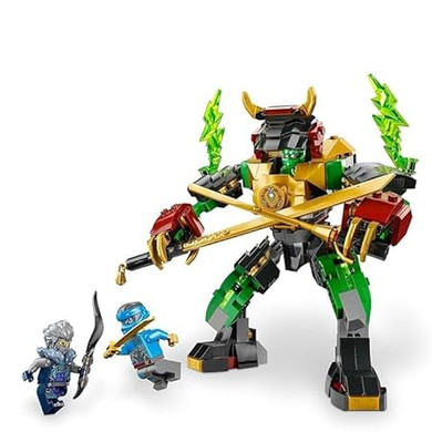 Red fire element mech figure with golden sword and action-ready stance, accompanied by a ninja minifigure and enemy robot, built from interlocking blocks.