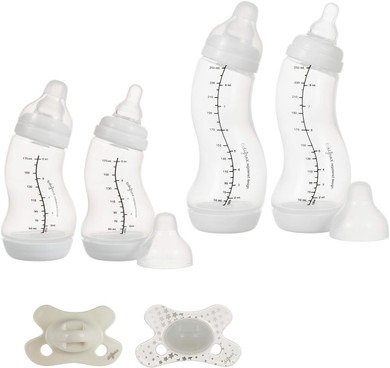 Difrax Baby Bottle Set 0-6 Months - Baby Newborn Drinking Bottle - Anti Colic - Good Acceptance - 2 x 170 ml - 2 x 250 ml - 1 x Dummy 0-6 Months - 1 x Glow in The Dark Dummy - White - 6 Pieces