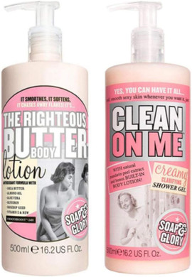Soap and Glory The Righteous Body Butter Lotion Bundled with Clean on Me Creamy Clarifying Shower Gel 500 millilitre Hand Pumps