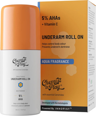 Chemist at Play UnderArm Roll-On with 5% AHA, Lactic Acid & 1% Mandelic Acid | Prevents Body Odour, Brightens Skin & Exfoliates Underarm | For Sensitive Skin | Woody Musk Fragrance | Alcohol Free-40ml