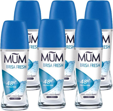 Mum Brisa Fresh Roll On Deodorant, 48 Hours Plus Protection, Anti-Perspirant, Vegan, Sustainable Glass Bottle, Alcohol Free Womens Mens Deodorant, Fresh Breeze Fragrance, 50 ml, Pack of 6
