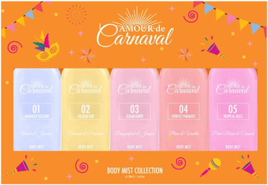 Amour De Carnaval - Body Mist Collection 5x50ml - Mightnight Passion, Golden Sun, Sugar Berry, Perfect Paradise, Tropical Bliss - Women's Premium Body Mist Spray - By Laurelle London