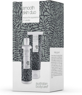 2 products to improve the appearance of cellulite: Body Scrub 200ml with 100% natural tea tree oil, and Body Oil 150ml that reduces the visibility of cellulite | Dermatologically tested