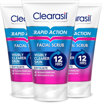 Clearasil Rapid Action Exfoliating Scrub, For Acne Prone Skin, Unclog Pores, Reduces Blackheads, Pimples & Excess Oil, Everyday Spots Prevention, Pack Of 3 x 125 ml
