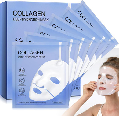 Collagen Face Mask, Hydrating Overnight Hydrogel Mask for Women, Deep Collagen Anti Wrinkle Lifting Mask for All Skin Types, Pore Minimizing, Elasticity Improvement, 34g x6ea