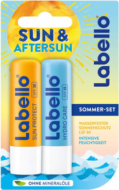 Labello Sun & Aftersun Lip Care Set Pack of 1 Lip Balm Set consisting of Waterproof Sun Protection with SPF 30 and Lip Care for Intense Moisture Parent