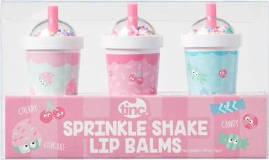 Tinc Sprinkle Shake Lip Balms - Delicious Scents: Cherry, Cupcake and Candy - Keeps Lips Moist - Gift Idea - 3 in Pack