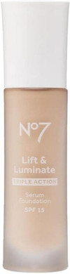 No7 Lift & Luminate Triple Action Serum Foundation - Deep Honey - Liquid Foundation Makeup with SPF 15 for Dewy, Glowy Base - Radiant Serum Foundation for Mature Skin (30ml)