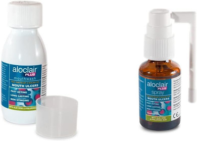 Aloclair Plus 120ml Mouthwash Mouth Ulcer Treatment & Plus Spray Mouth Ulcer Treatment, 15 ml