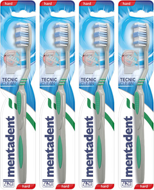 4x Mentadent Tecnic Clean Toothbrush with Hard Bristles and Tongue Cleaner - 4 Toothbrushes