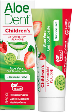 Aloe Dent Children's Aloe Vera Toothpaste Fluoride Free, Natural Action, Vegan, Cruelty Free , SLS Free, Strawberry Flavour, Healthy Gums, 50 ml