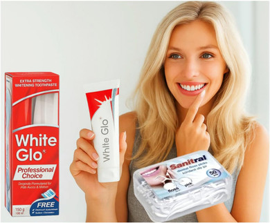 White Glo Professional Choice Extra Strength Whitening Toothpaste 100 ml & Toothbrush (with Sanitral 50 Pcs Dental Floss Stick Included as a Gift)