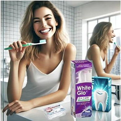 White Glo 2In1 with Mouthwash Whitening Toothpaste 100Ml &Toothbrush (with Sanitral 50 Pcs Dental Floss Stick Included as a Gift)