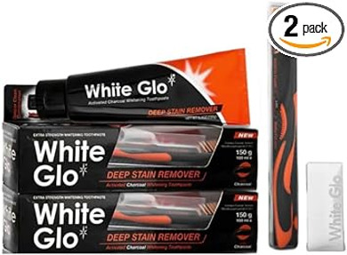 White Glo Charcoal Deep Stain Remover Toothpaste, 100ml -Pack of 2 with Sanitral 50 Pcs Dental Floss Stick Included as a Gift