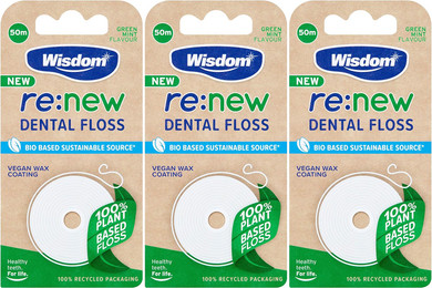 Wisdom re:New Dental Floss 50m - Pack of 3 | Vegan | Plant Based