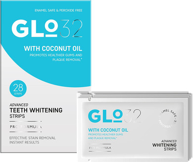 GLO32 - Advanced Teeth Whitening Strips - Gentle Teeth Stain Remover with Coconut Oil - Effective in 20min - Peroxide Free - Vegan Cruelty Free - 28pcs