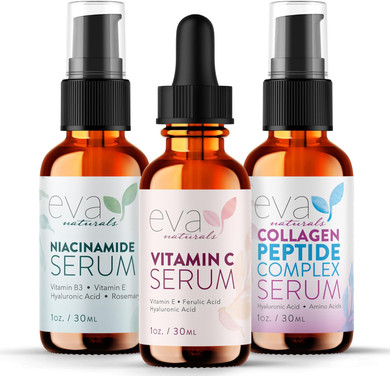 Natural Firm & Glow Skincare Set of 3 Serums  Skin Care Kit with 20% Vitamin C Serum, Peptide Complex Serum, Niacinamide Vitamin B3 Serum to Brighten Complexion and Smooth Wrinkles by Eva Naturals