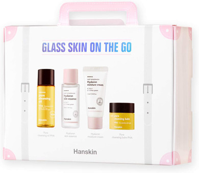 Hanskin Glass Skin On The Go Set, Essential Travel Skincare Set for Glowing Skin on the Plane, Cleansing Oil Skin Essence and Moisturiser [Set of 4/30 ml Each]
