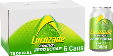 Lucozade Energy Zero Sugar Drink Tropical 330ml can (Pack of 6)