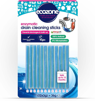 EcoZone Drain Cleaning Sticks, Enzymatic Pipe Unblocker, Prevents Plug Hole Obstructions & Keeps Water Flowing Freely, Natural Vegan & Non Toxic Kitchen & Bathroom Treatment Kit (x 12)