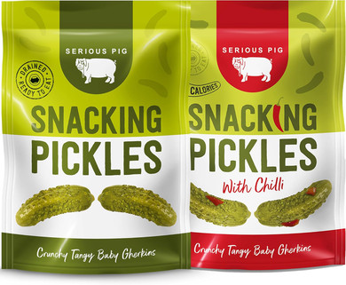 Serious Pig - Pickled Snacking Gherkins In A Pouch, Crunchy Snacks with Dill and Garlic, Low Carb, Low Calorie, Drained and Ready to Eat (12 x 40g)