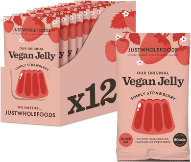 Just Wholefoods Vegan Jelly 12 x 85g | Gluten Free, Quick Set, Gelatine Free | Free from Artificial Colours and Flavouring | Makes 12 pints of Jelly (Strawberry)