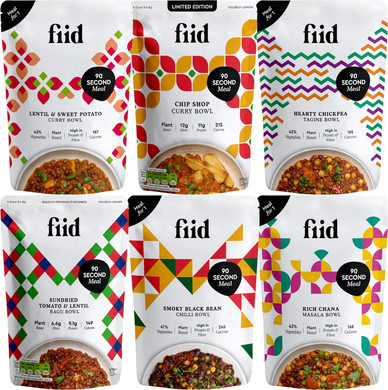 ??Fiid 100% Natural Vegan Microwave Ready Meals Flavour Multipack - 6x 275g Pouches - 6 Flavours (Vegetarian Food Pouch, High in Fibre & Protein & Low in Sugar)