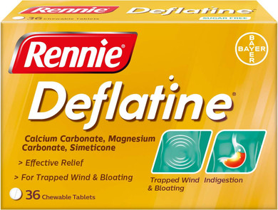 Rennie Deflatine, Trapped Wind and Bloating Tablets, Fast and Effective Heartburn Relief and Indigestion Relief, Sugar Free Mint, 1 Pack of 36 Tablets