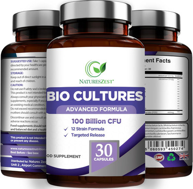 Bio Cultures Complex Probiotics 100 Billion CFU with Prebiotics  Lactobacillus Plantarum & Saccharomyces Boulardii Probiotic - 30 Vegan Capsules  Probiotics for Women & Men  Packaging May Vary