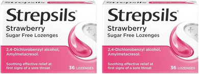 Strepsils Strawberry Lozenges, 36 Count - Fast-Acting Sore Throat Relief, Germ-Fighting, Pain-Relieving, Works in 5 Minutes