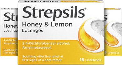 Strepsils Honey and Lemon , 16 Throat Lozenges X 3, 48 Total, Sore Throat Relief, Soothes Throat, Relieves Throat Irritation, Fast Acting, Effective Relief, Sore Throat, Medication