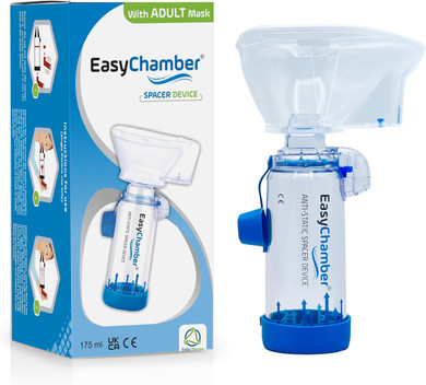 EasyChamber Anti-Static Spacer Device with Adult Mask, Inhaler Chamber, use with Metered Dose Inhaler, BPA and Latex Free