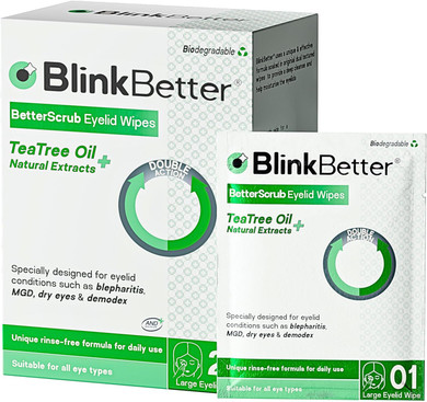 BlinkBetter Tea Tree Oil Eyelid Wipes- Natural Blepharitis, MGD & Dry Eye Relief Wipes | Cleansing, Soothing, Dual-Textured, Triple Moisture Formula | Biodegradable & Gentle - 20 Wipes