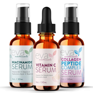 Natural Firm & Glow Skincare Set Of 3 Serums  Skin Care Products With 20% Vitamin C Serum, Peptide Complex Serum, Niacinamide Vitamin B3 Serum - Peptides Serum For Face - Face Serum By Eva Naturals