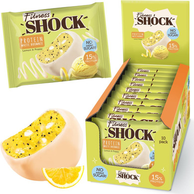 FitnesSHOCK Protein Brownie White Chocolate, No Added Sugar, 15%/7,5g Protein, 233kcal, Pre/Post Workout Snack - No Palm Oil, Filling dietary fibre, 10x50g - Poppy seeds and lemon flavour