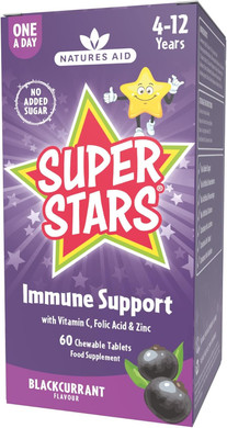 Natures Aid Super Stars Immune Support Chewables for Kids Aged 4-12  Vitamin C, Zinc, Elderberry & Folic Acid  Supports Immunity, Growth & Energy  Natural Fruit Flavour, Vegan  60 Tablets