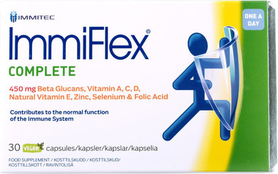 Immiflex Complete | Immune System Booster with 450 mg Beta Glucans | Vitamin D, Vitamin C, Vitamin E, Vitamin A, Zinc, Selenium and Folic Acid | 30 Veg. Capsules (1 Month Supply)