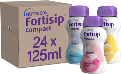 Fortisip Compact Mixed Flavour Case 125ml, Pack of 24 (Banana, Strawberry, Vanilla, Chocolate, Mocha and Unflavored)