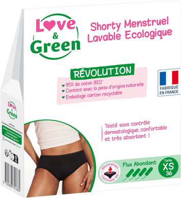 Love & Green LG Ecological Washable Menstrual Shorty Size XS Abundant Flow Black