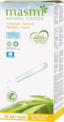 16 Masmi Regular Cardboard Applicator Tampons Organic Cotton Certified, Hypoallergenic, Biodegradable, Perfume, Viscose, Rayon, Chlorine and Dioxin Free