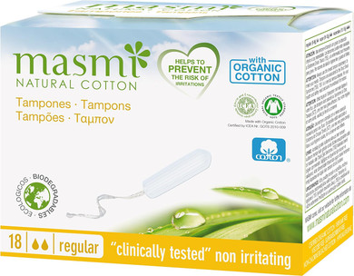 18 Masmi Regular Tampons Organic Cotton Non Applicator, Plastic Free, Hypoallergenic, Biodegradable, Perfume, Viscose, Rayon, Chlorine and Dioxin Free (Single Pack)