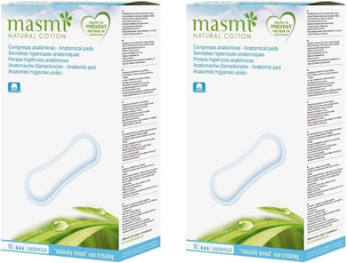 2 x 16 Masmi Anatomical Sanitary Pads for All discharges Strong menstruations Light Incontinence Surgery or After Giving Birth Certified Organic Cotton Core Biodegradable Chlorine Dioxin Free (2)