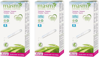 Masmi Light Applicator Tampons Organic Cotton, Plastic Free, 100% Biodegradable, Perfume, Hypoallergenic, Chlorine and Dioxin Free (Three Boxes of 16)